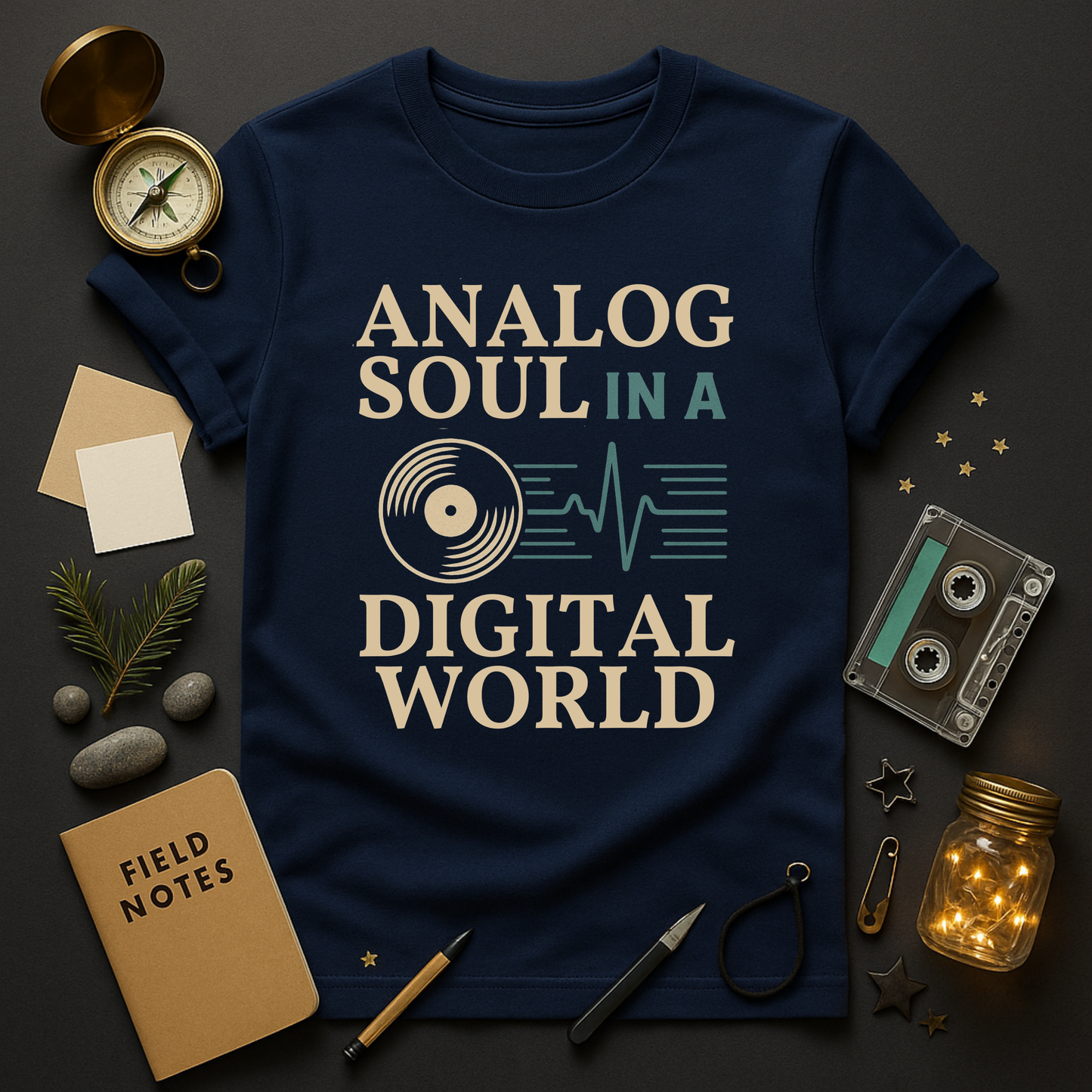 Retro music graphic tee with bold typography and teal line art