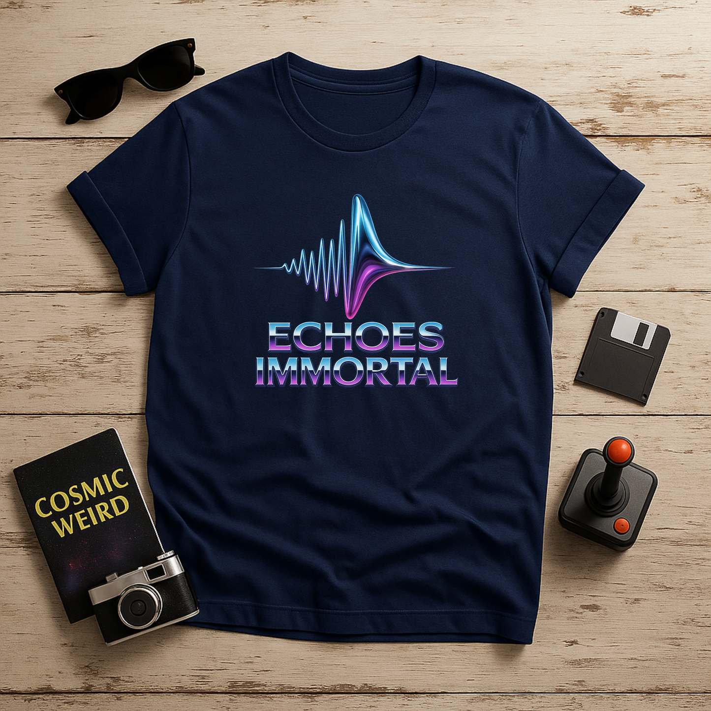 “Navy retrofuturistic t-shirt with neon waveform and Echoes Immortal text in chromatic colors – Twistbug Retrofuturistic Collection.”