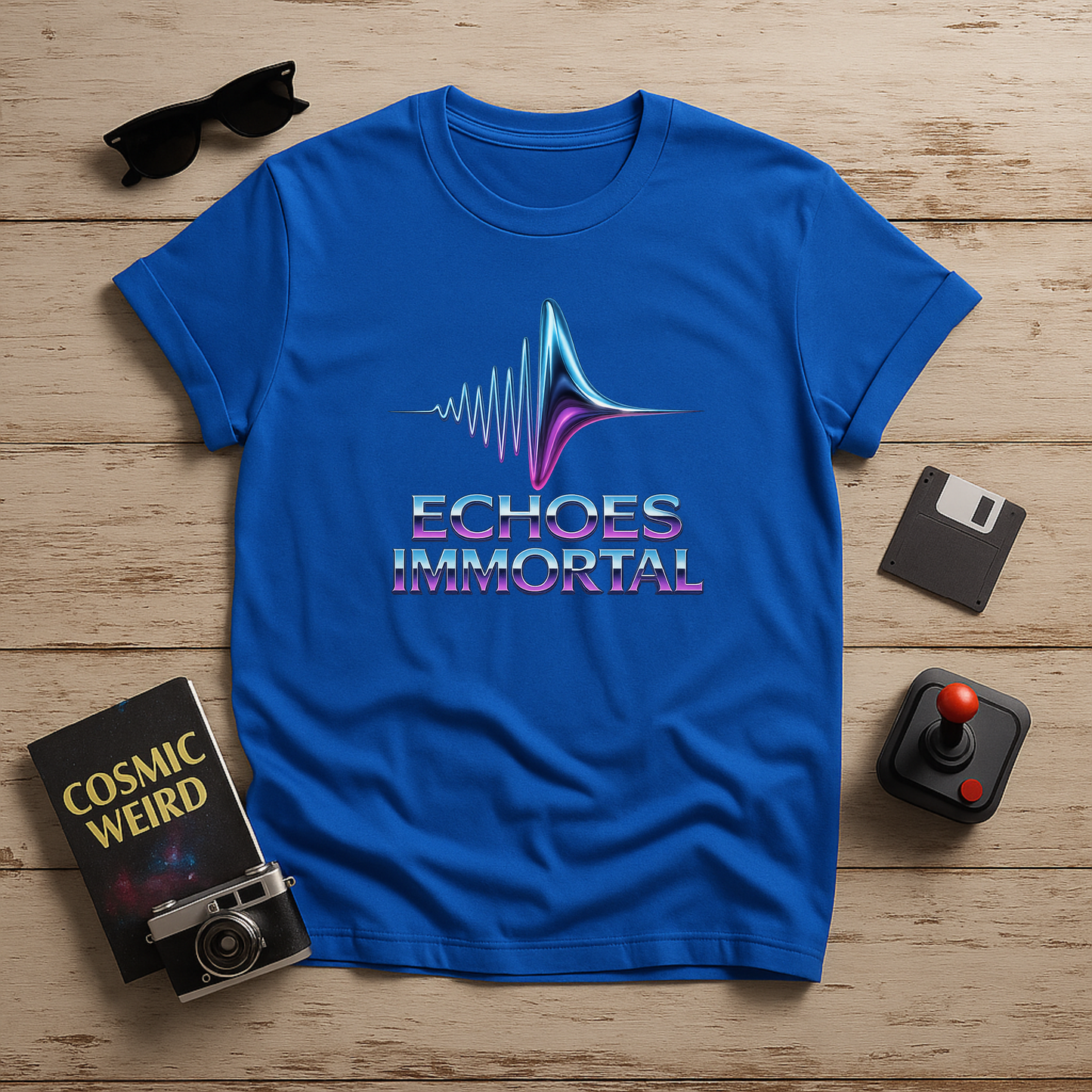 “Royal retrofuturistic t-shirt with neon waveform and Echoes Immortal text in chromatic colors – Twistbug Retrofuturistic Collection.”