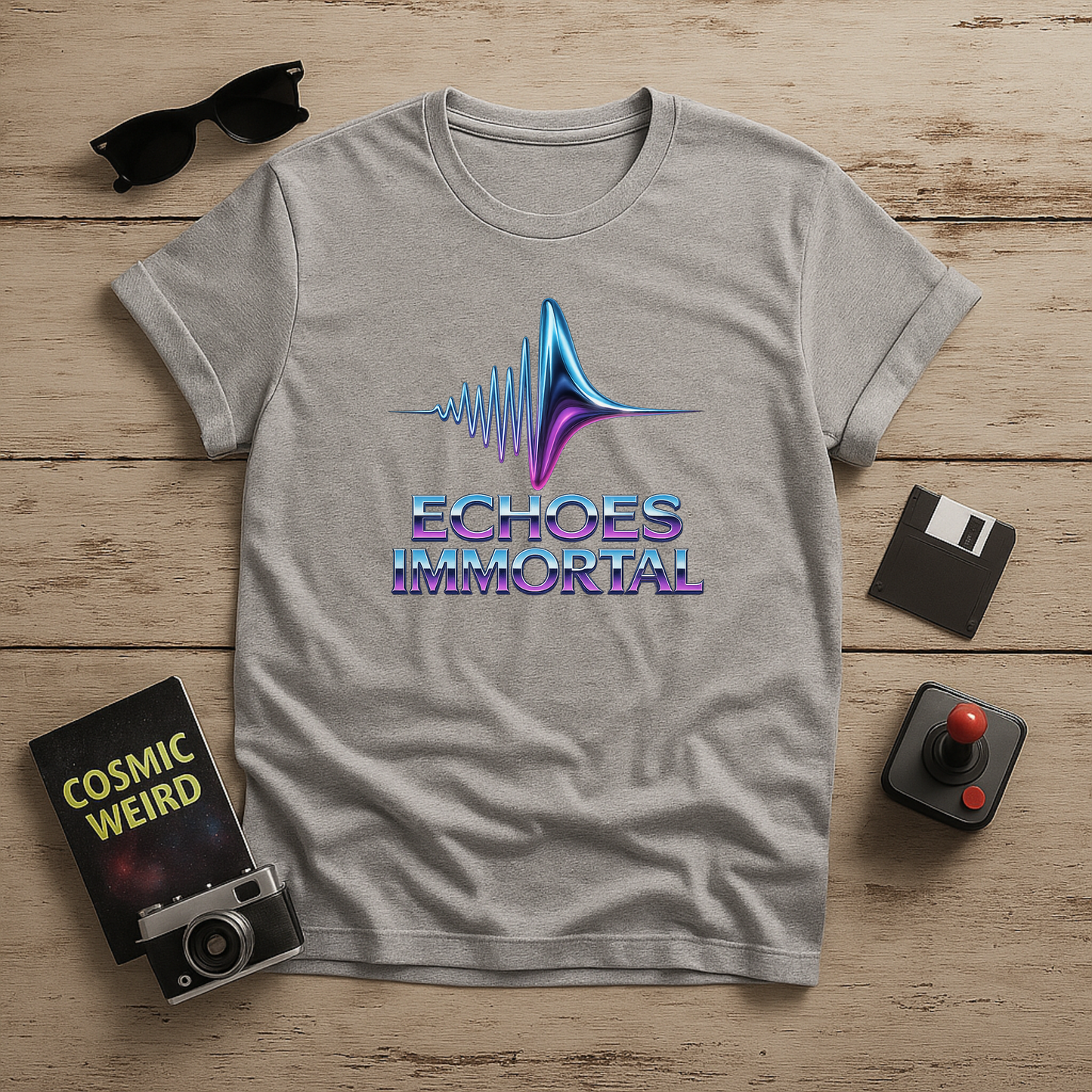 “Sport grey retrofuturistic t-shirt with neon waveform and Echoes Immortal text in chromatic colors – Twistbug Retrofuturistic Collection.”