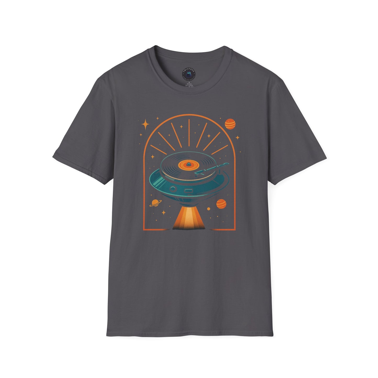 Retrofuturistic UFO Turntable T-Shirt – Space-Age Vinyl Saucer Tee