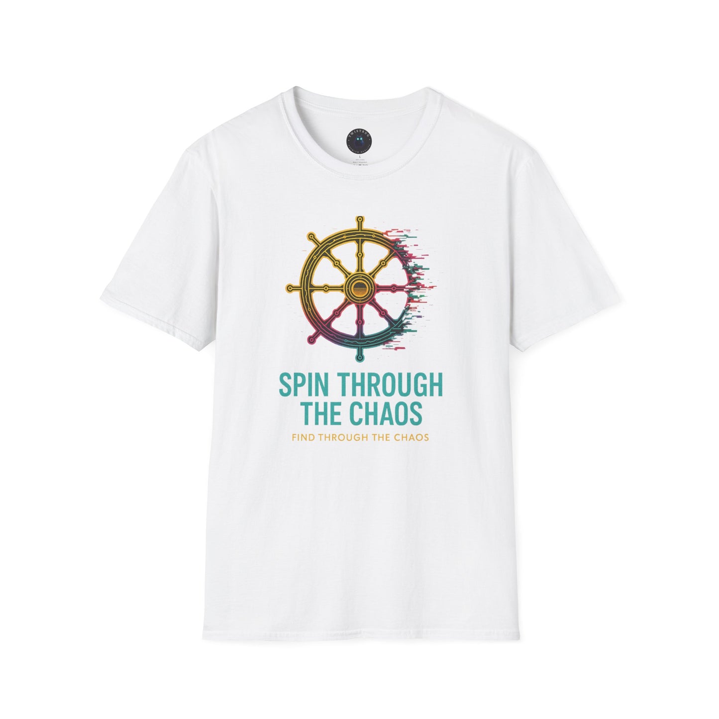 Spin Through the Chaos T-Shirt – Glitch Helm Motivational Tee