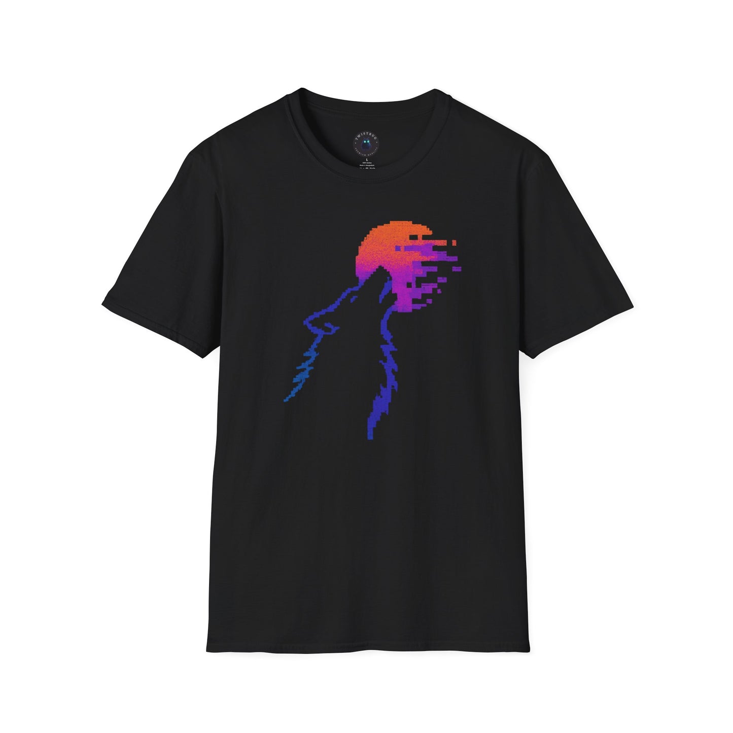 Pixel Howl T-Shirt – Glitch Sunset Wolf 8-Bit Tee