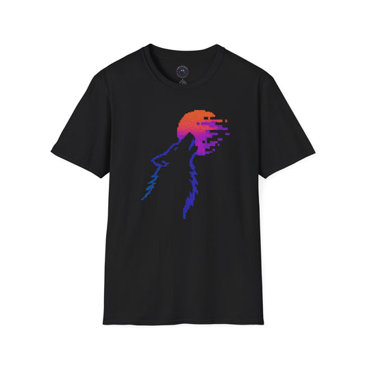 Pixel Howl T-Shirt – Glitch Sunset Wolf 8-Bit Tee