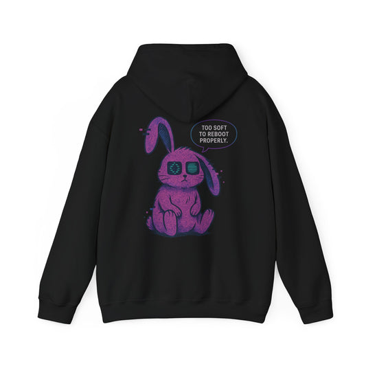 "Too Soft to Reboot" Glitch Bunny Hoodie – Cybercore Plush Goth Aesthetic