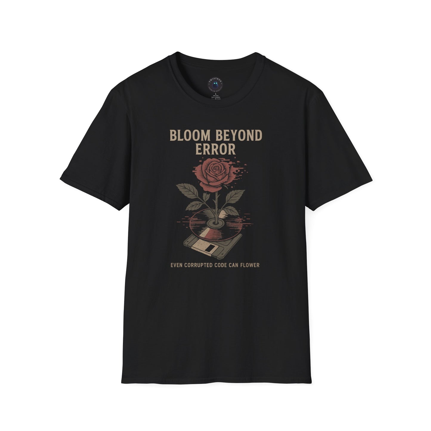 Bloom Beyond Error Tee — Glitched Rose & Floppy Disk Graphic