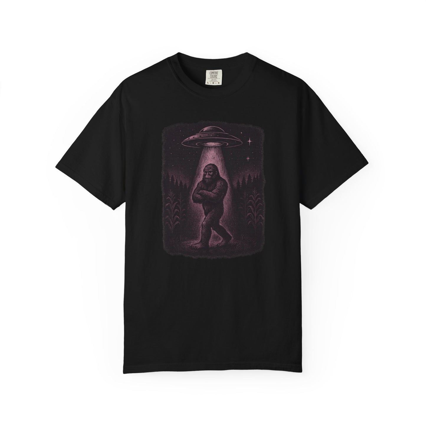 Front view of black ‘UFO Abduction Sasquatch’ graphic t-shirt by Twistbug.