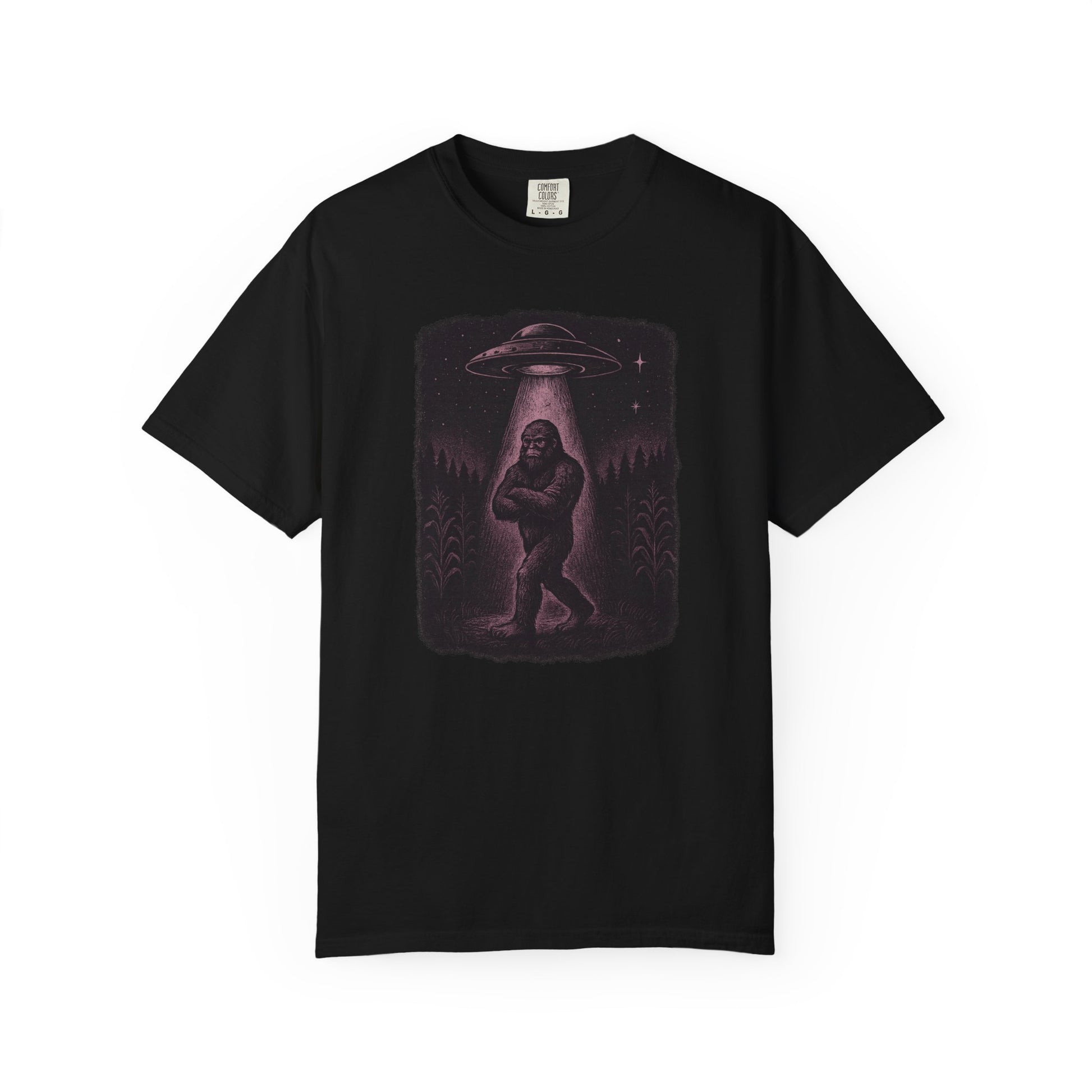 Front view of black ‘UFO Abduction Sasquatch’ graphic t-shirt by Twistbug.