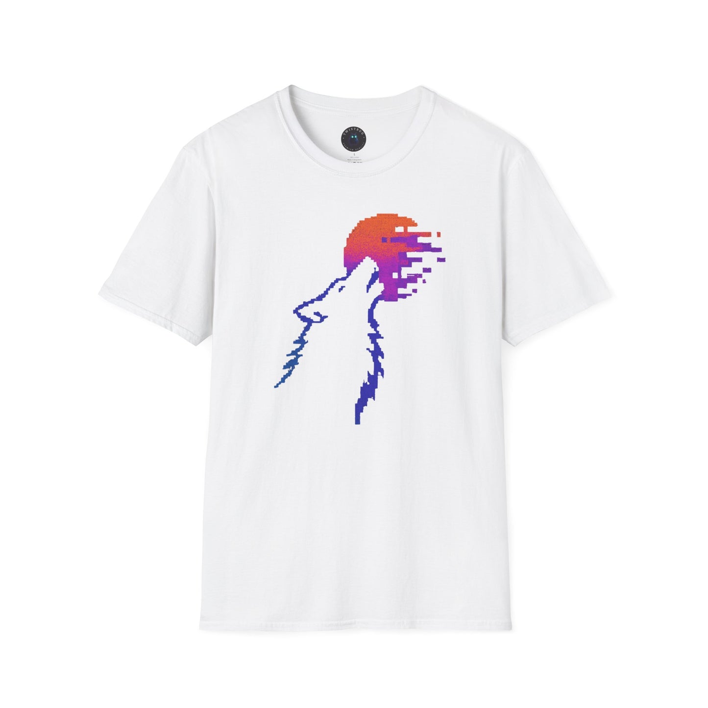 Pixel Howl T-Shirt – Glitch Sunset Wolf 8-Bit Tee