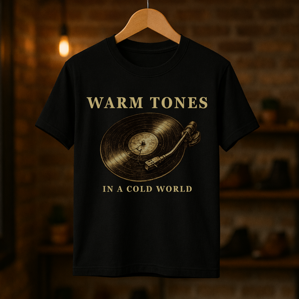 Black t-shirt with vinyl record design and text 'Warm Tones in a Cold World' on a wooden hanger against a dark background.