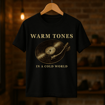 Black t-shirt with vinyl record design and text 'Warm Tones in a Cold World' on a wooden hanger against a dark background.
