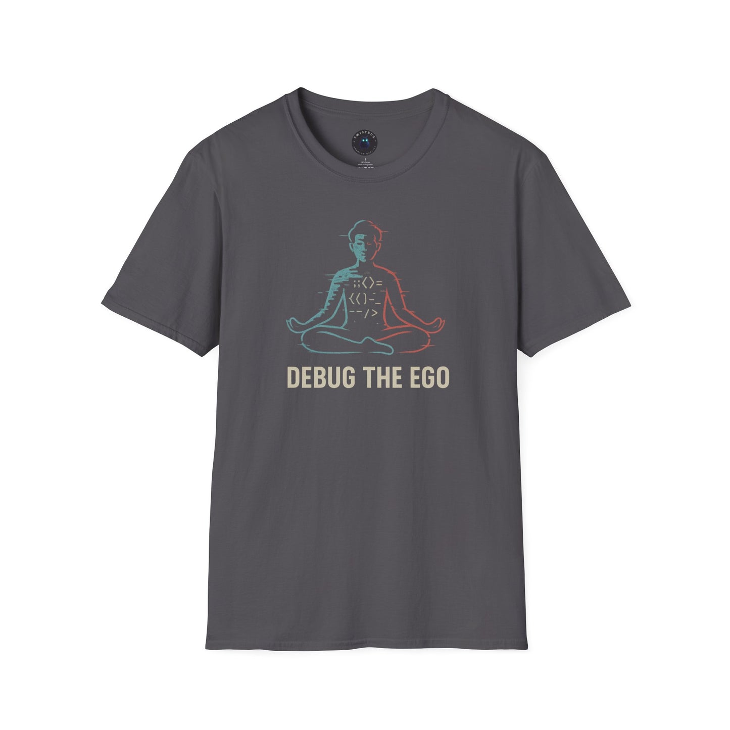 Debug the Ego Tee — Glitched Meditation Code Graphic