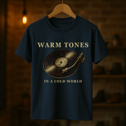 Navy blue t-shirt with vinyl record graphic and text 'Warm Tones in a Cold World' on a wooden hanger against a dark background.