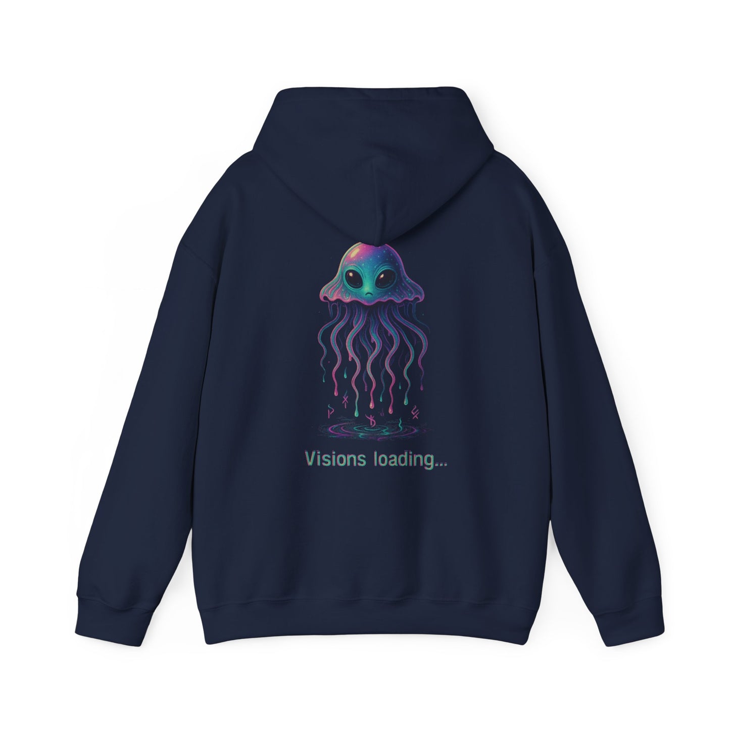 Visions Loading Hoodie – Trippy Alien Jellyfish Aesthetic in Cyber Glow