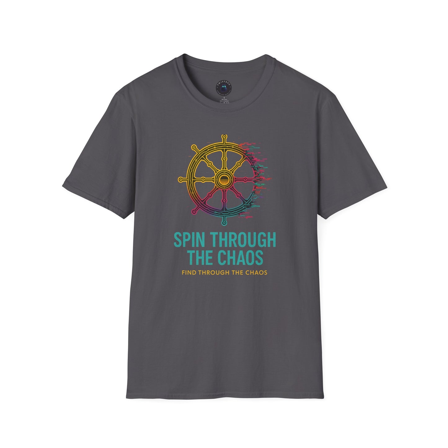 Spin Through the Chaos T-Shirt – Glitch Helm Motivational Tee