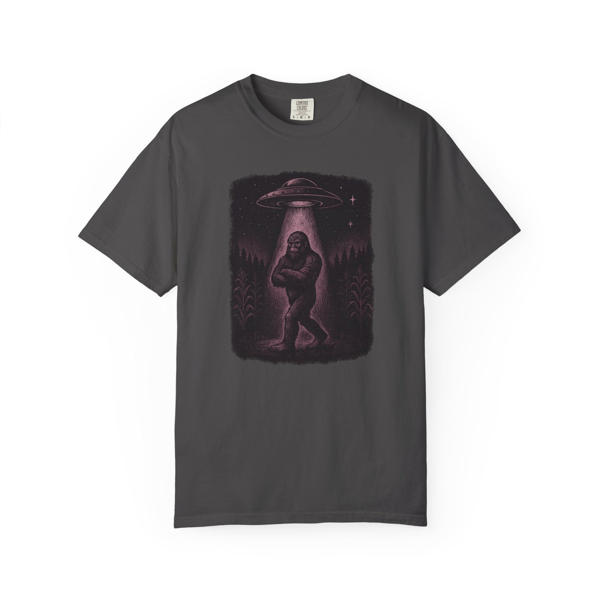 Front view of graphite ‘UFO Abduction Sasquatch’ graphic t-shirt by Twistbug