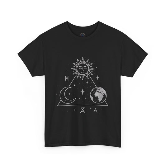 Solar Triad T-Shirt – Mystic Sun Moon Earth Symbolic Tee | Twistbug
