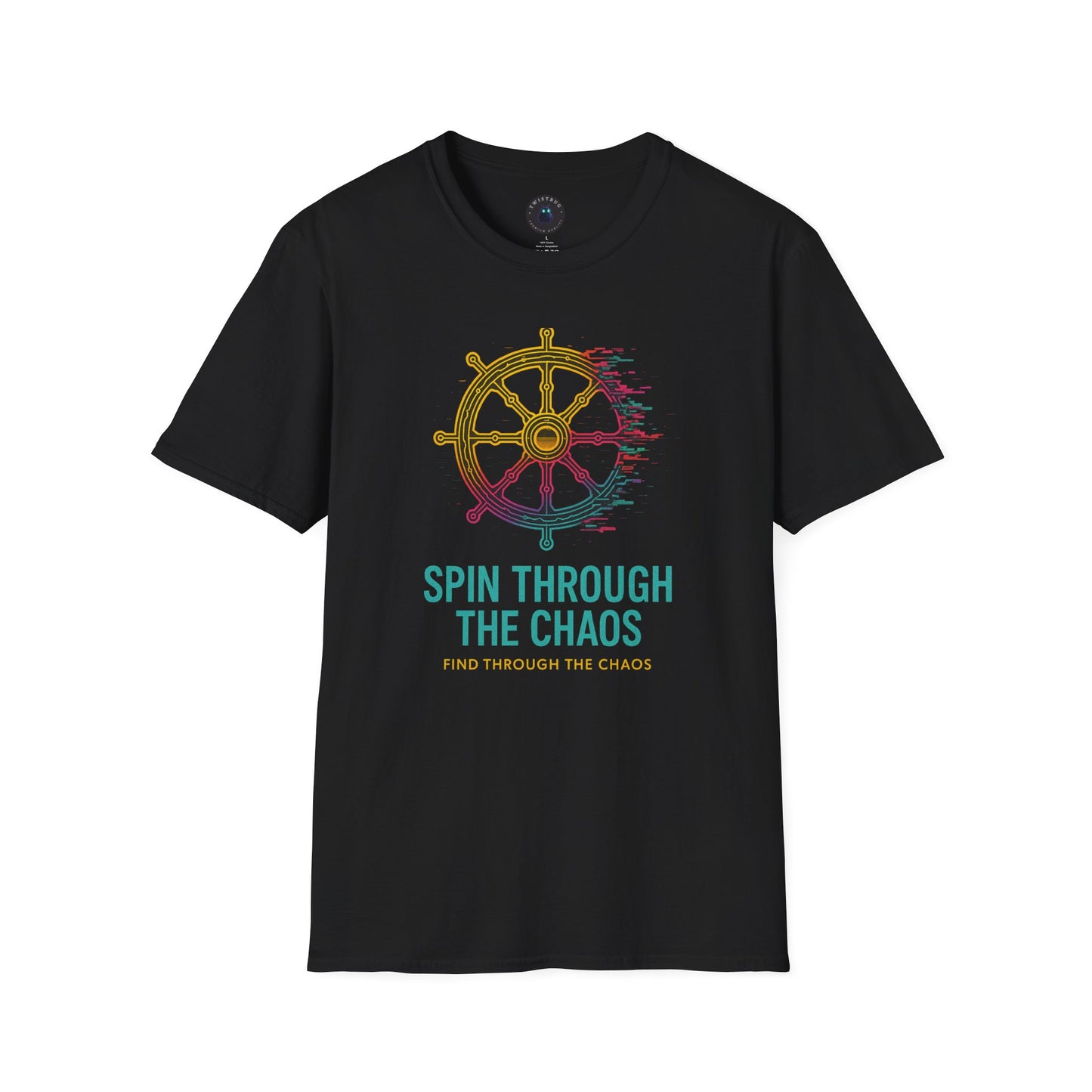 Spin Through the Chaos T-Shirt – Glitch Helm Motivational Tee