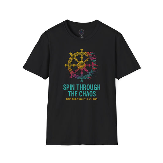Spin Through the Chaos T-Shirt – Glitch Helm Motivational Tee