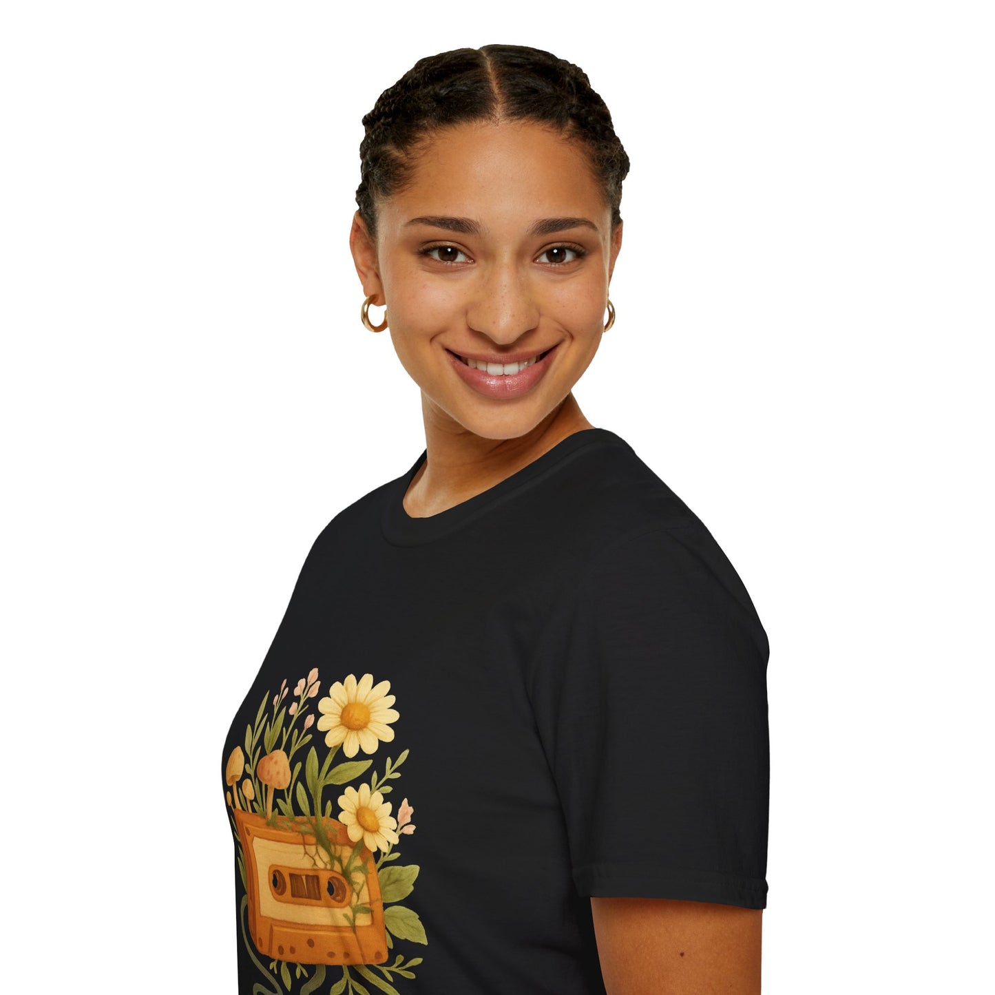 Retro Floral Cassette T-Shirt - Unisex Softstyle Tee for Music Lovers