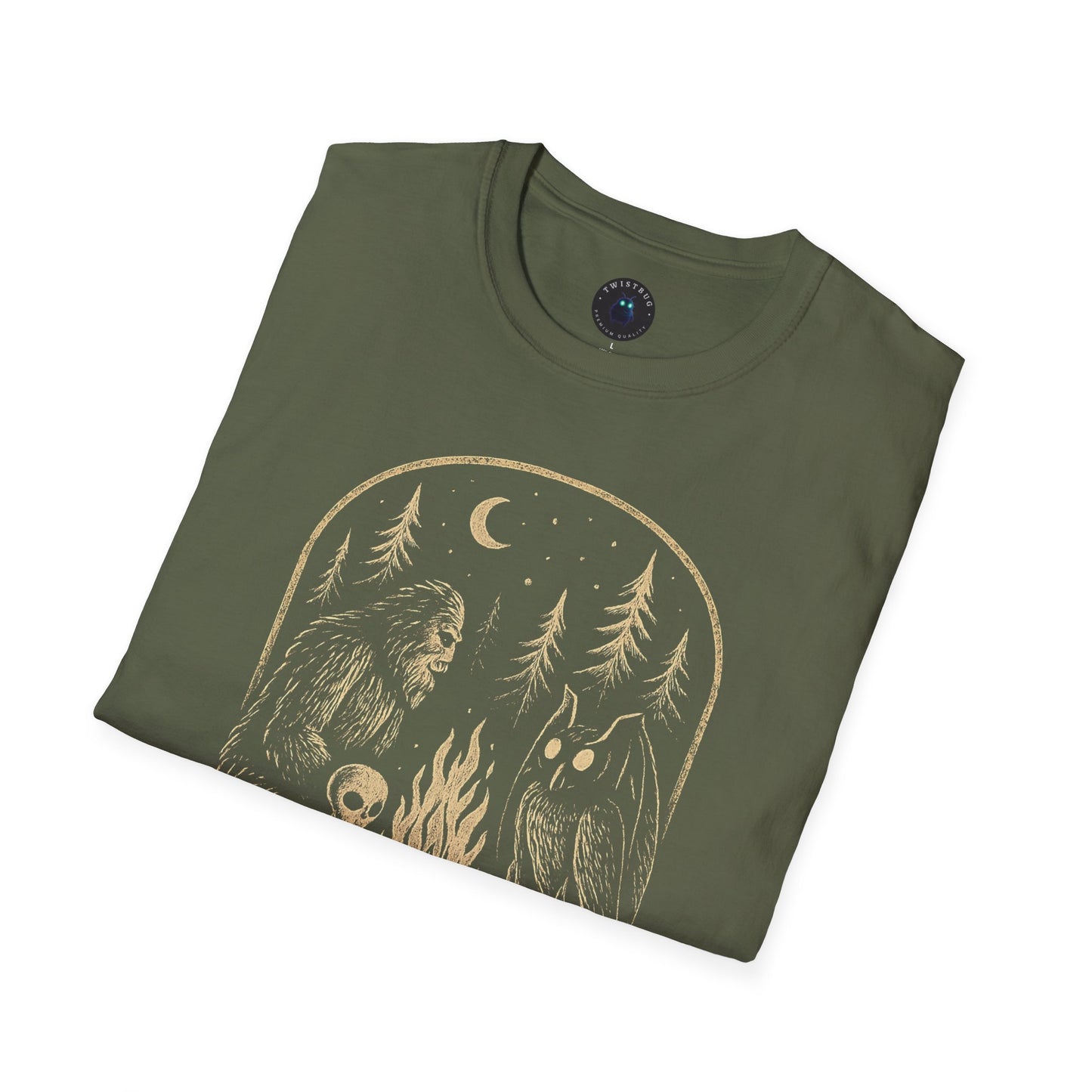 Campfire Cryptids – Bigfoot, Alien & Mothman Night Forest T-Shirt