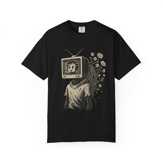 Flower Feed T-Shirt – Analog TV Head Surreal Floral Graphic Tee | Twistbug