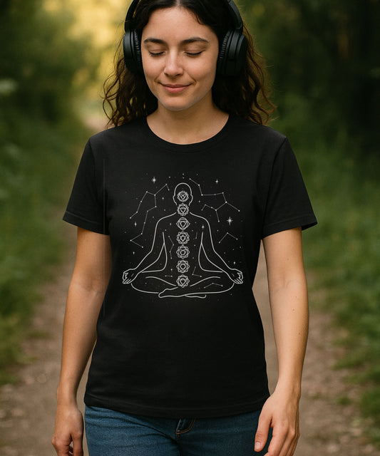 Cosmic Chakra Flow T-Shirt – Spiritual Meditation Graphic Tee | Twistbug