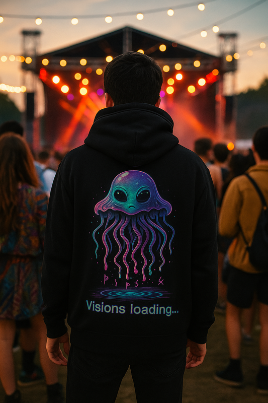 Visions Loading Hoodie – Trippy Alien Jellyfish Aesthetic in Cyber Glow
