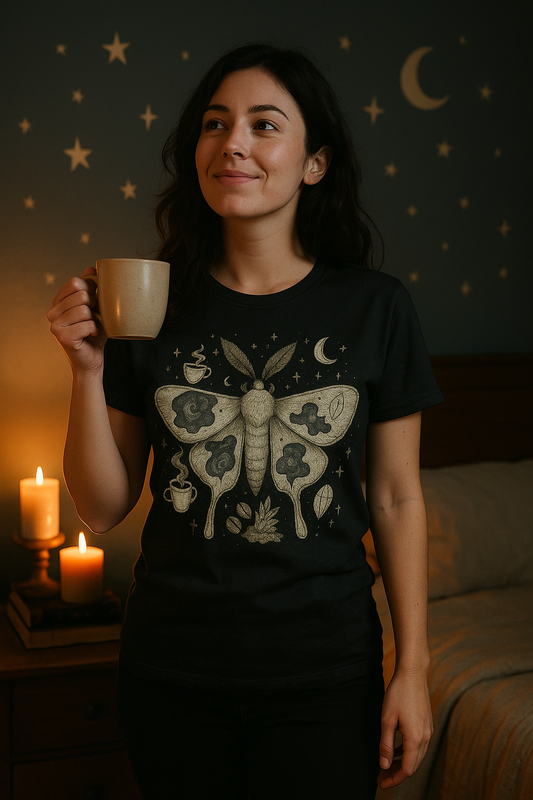 Caffeine Moth T-Shirt – Cosmic Moth Graphic Tee for Night Owls | Twistbug
