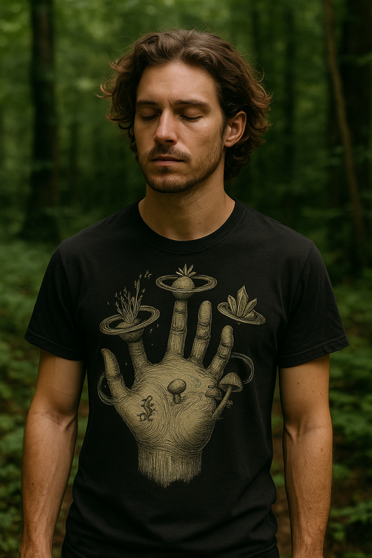 Cosmic Palm T-Shirt – Surreal Hand Planet Growth Graphic Tee | Twistbug