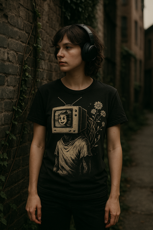 Flower Feed T-Shirt – Analog TV Head Surreal Floral Graphic Tee | Twistbug