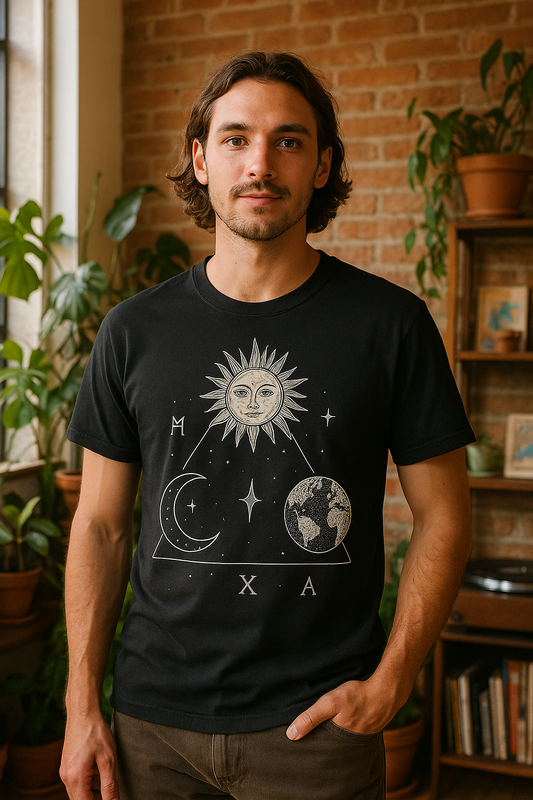 Solar Triad T-Shirt – Mystic Sun Moon Earth Symbolic Tee | Twistbug