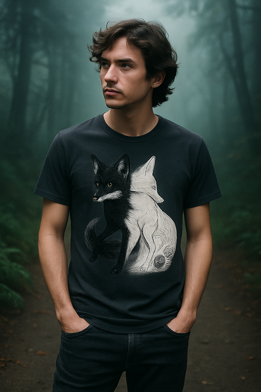 Dual Nature Fox T-Shirt – Monochrome Spirit Animal Graphic Tee | Twistbug