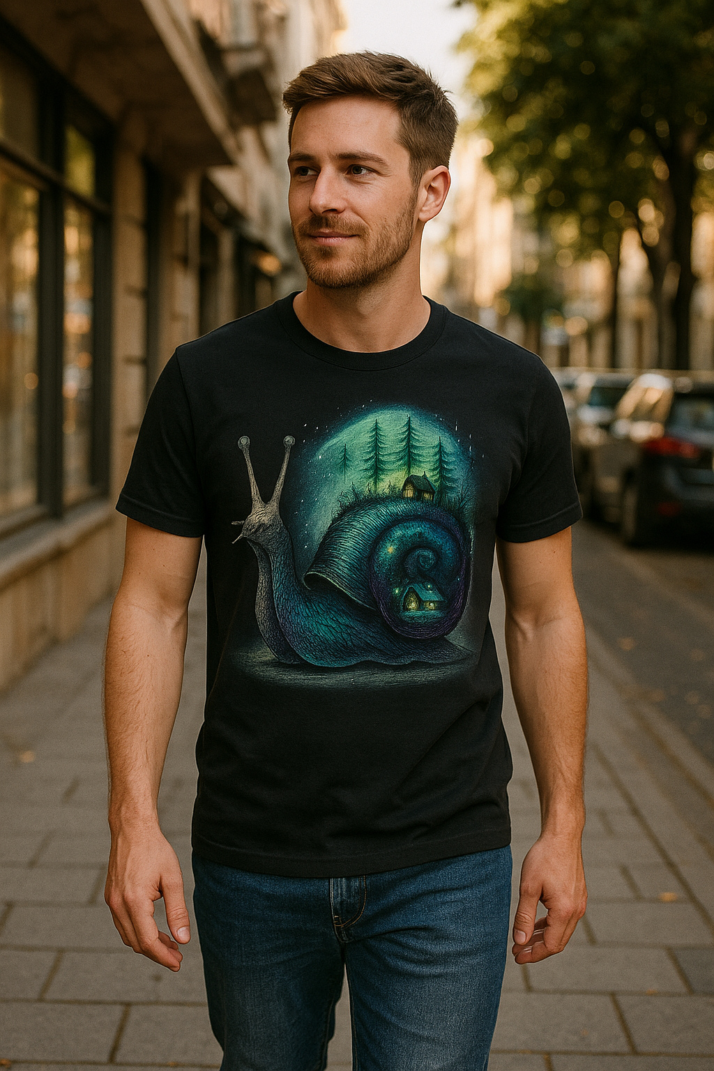 Cosmic Snail Retreat T-Shirt – Surreal Cottagecore Galaxy Tee | Twistbug