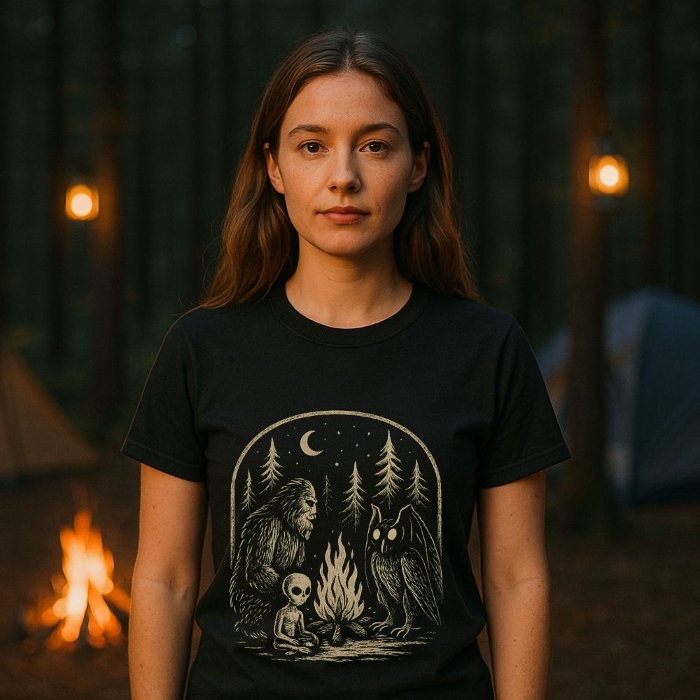 Person wearing a black t-shirt with a graphic design of a bear, owl, and person around a campfire in a forest setting.