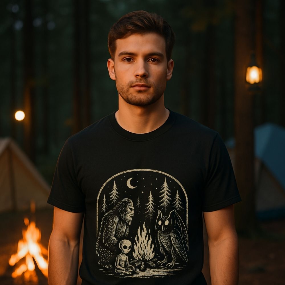 Man wearing a black t-shirt with a graphic design of a bear, owl, and skull by a campfire in a forest setting.