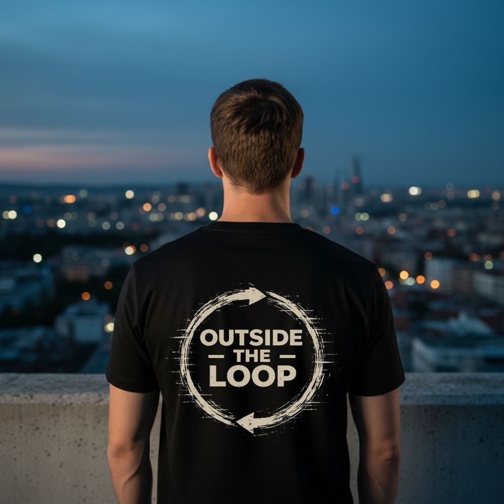 Person wearing a black t-shirt with 'Outside the Loop' design, standing against a city skyline at night.