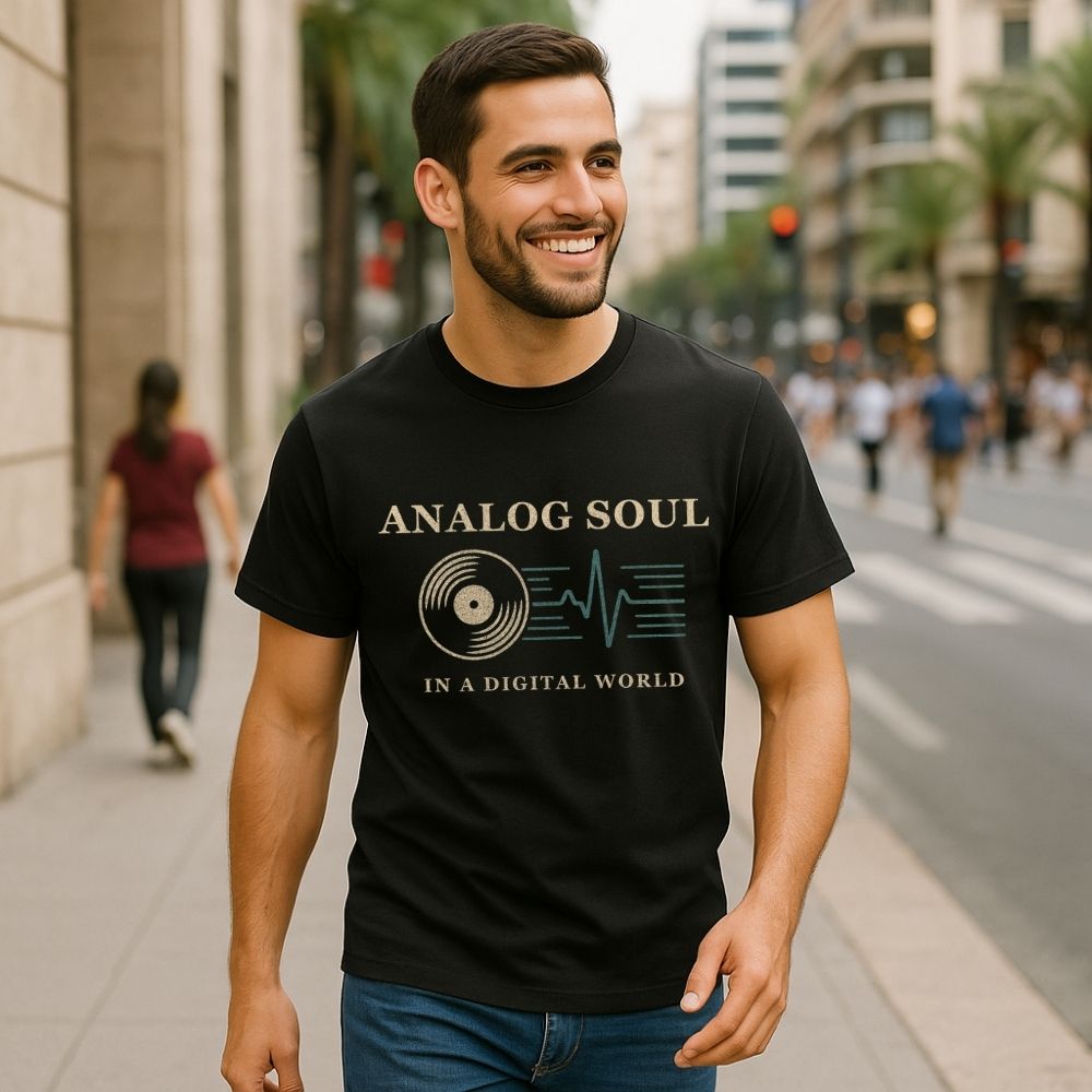 Man wearing a black t-shirt with 'Analog Soul in a Digital World' design on a city street.