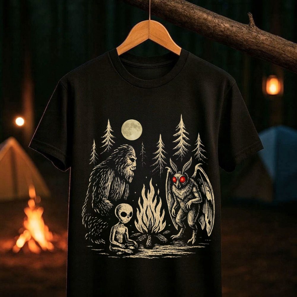 Black t-shirt with a graphic of a bigfoot, alien, and creature around a campfire, hanging on a wooden hanger against a dark background.
