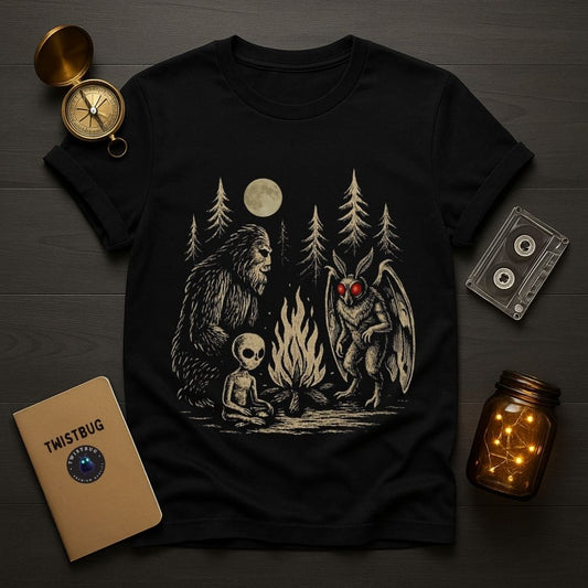 Black t-shirt with a graphic design of a campfire with three creatures, surrounded by a compass, cassette tape, and jar on a wooden surface.