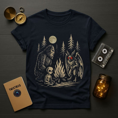 Navy blue t-shirt with a graphic design of a bear, alien, and creature around a campfire on a wooden surface.