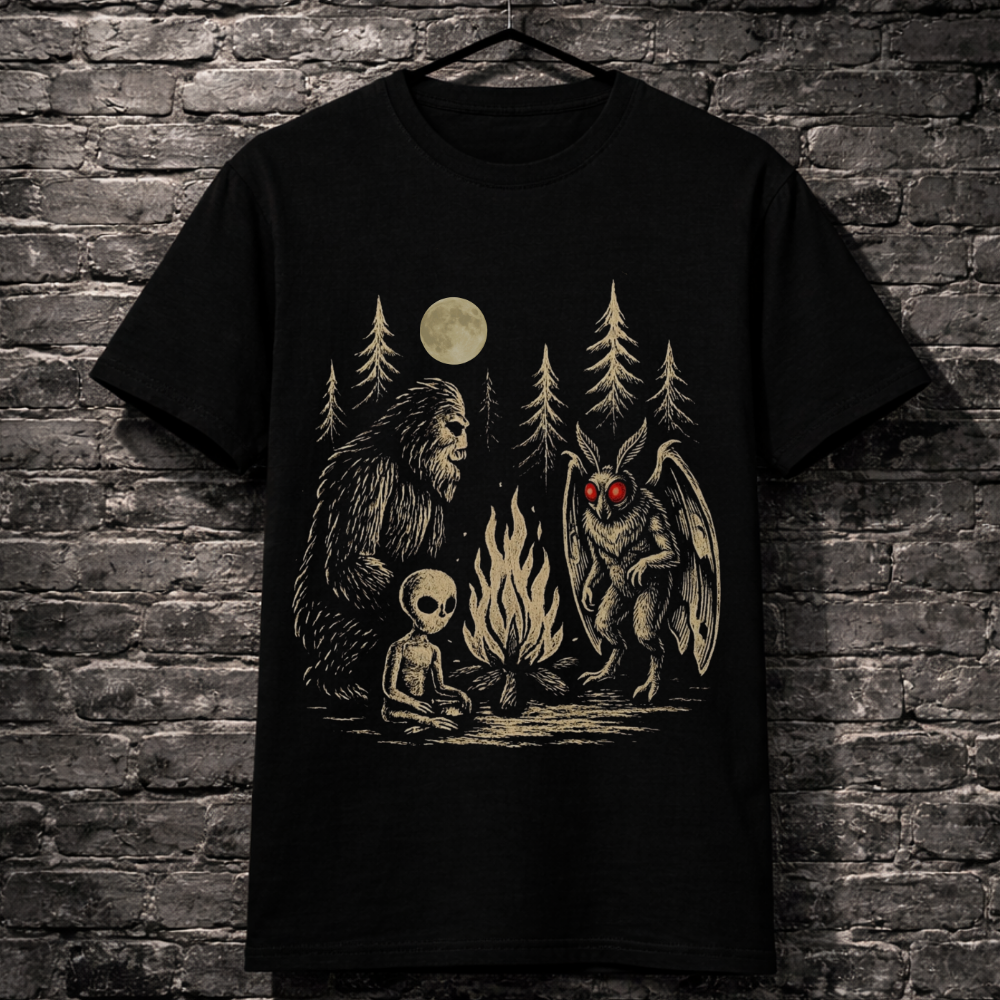 Black t-shirt with a graphic design of a bear, alien, and creature around a campfire on a brick wall background.