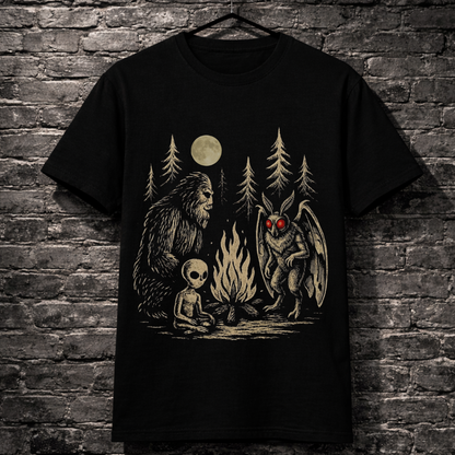 Black t-shirt with a graphic design of a bear, alien, and creature around a campfire on a brick wall background.