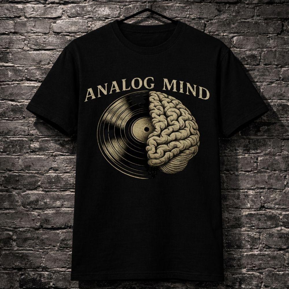 Black t-shirt with 'Analog Mind' design featuring a brain and vinyl record against a brick wall.
