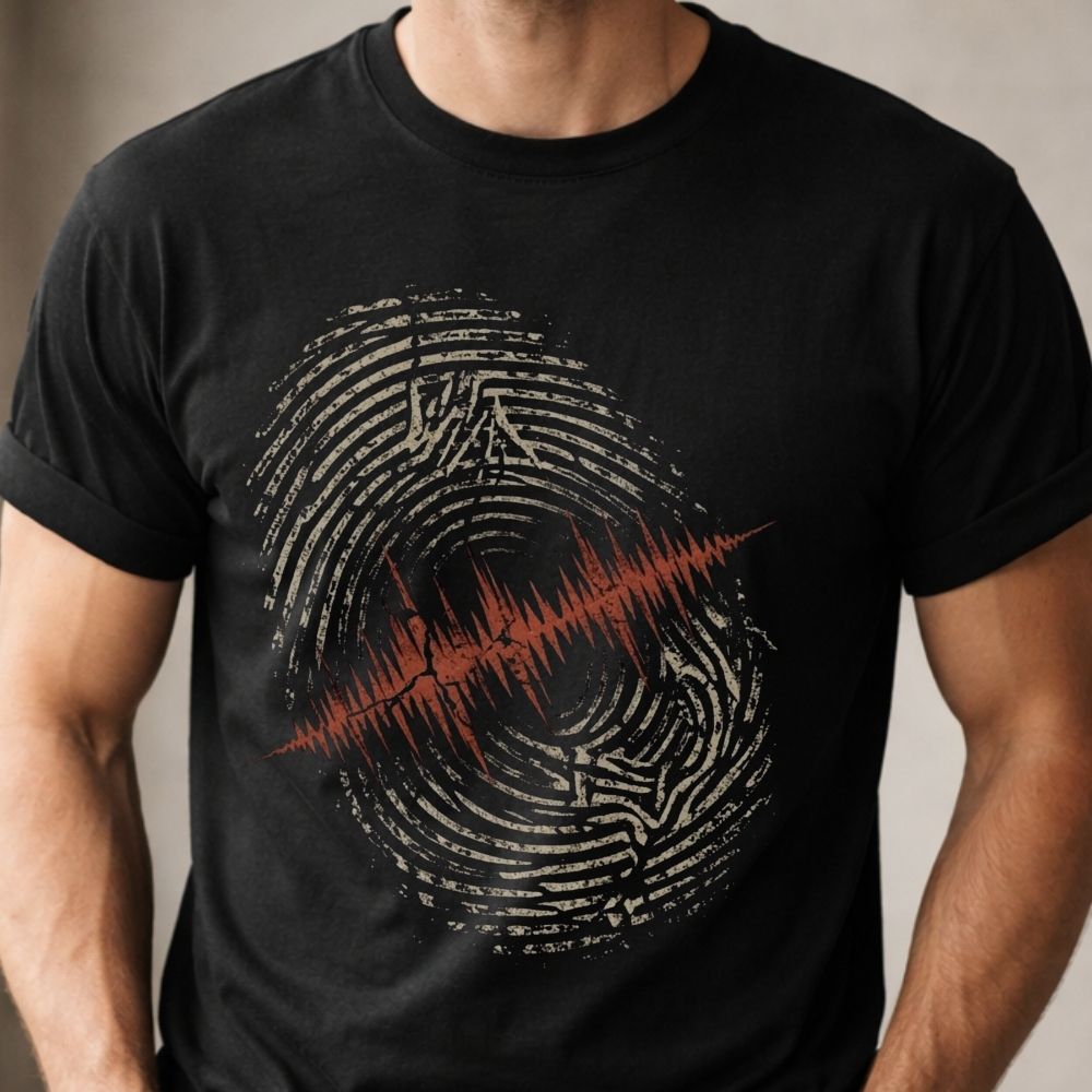 Black t-shirt with a unique design on a plain background