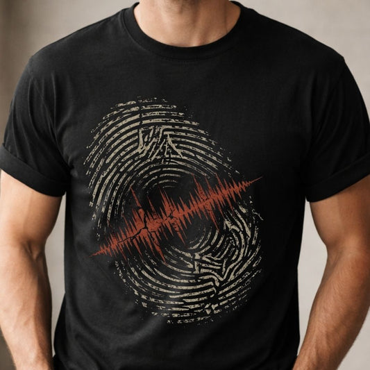 Black t-shirt with a unique design on a plain background