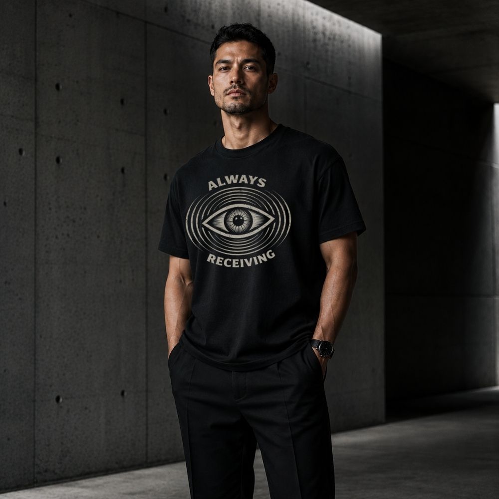 Man wearing a black t-shirt with eye design and text against a dark concrete wall.