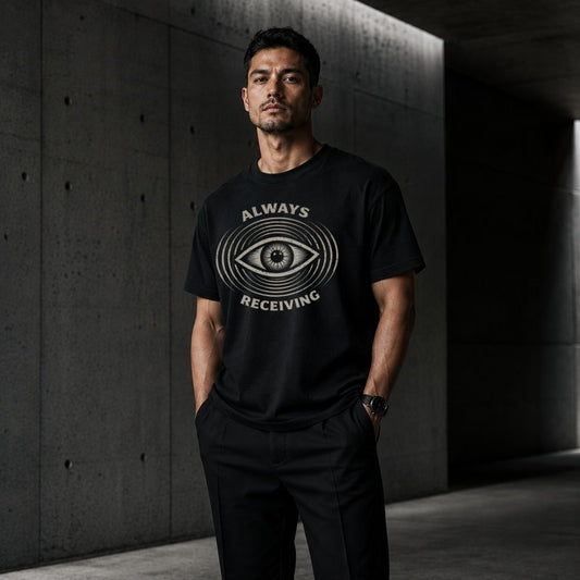 Man wearing a black t-shirt with eye design and text against a dark concrete wall.