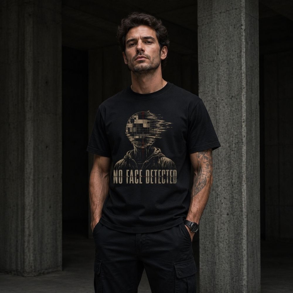 Man wearing a black t-shirt with a graphic design and text, standing against a dark background.