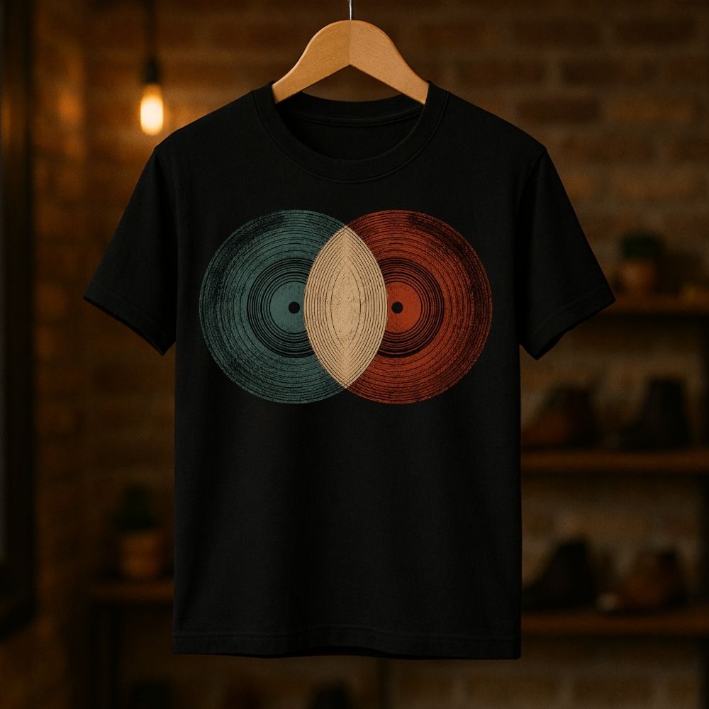 Black t-shirt with vinyl record design on a wooden hanger against a dark background